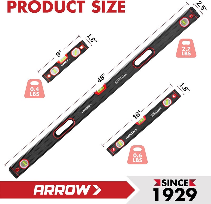 Arrow Fastener مجموعة مستوى الروح ARROW 3 قطع تتضمن مستوى 9"/16"/48" مع فقاعات 45°/90°/180°، حقيبة حمل، هيكل من سبائك الألمنيوم، قاعدة مصنوعة بدقة وأغطية مطاطية مقاومة للصدمات للبناء، النجارة - Image 3